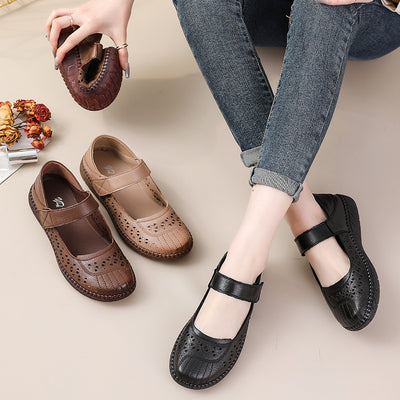 Women Retro Summer Genuine Leather Velcro Platform Sandals