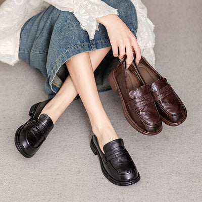 Brown Classic Vintage Textured Leather Loafers for Women