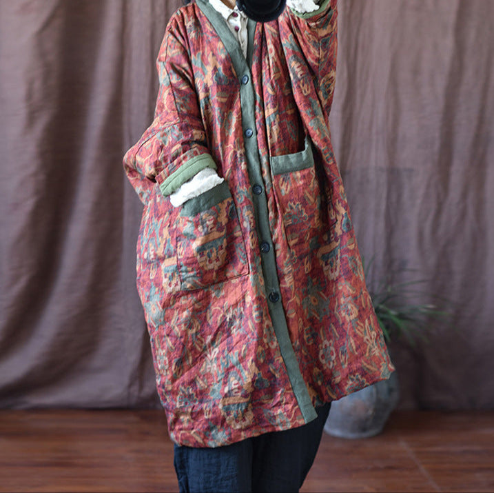 Warm Cozy Thick Vintage Bohemian Floral Quilted Long Cotton Linen Coat