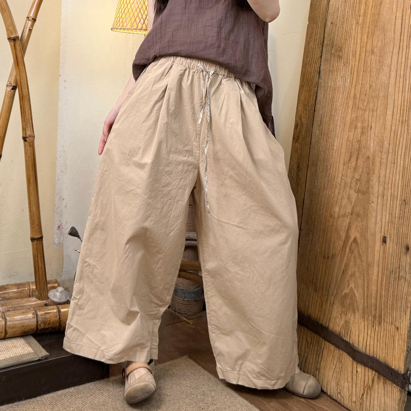 Women Cotton Casual Versatile Solid Color Lace-Up Straight-Leg Pants