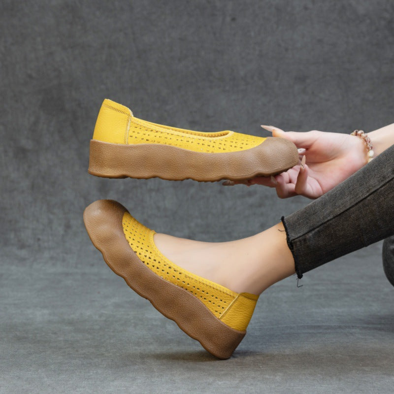 Summer Retro Leather Soft Flat Sole Hollow No Slip Shoes