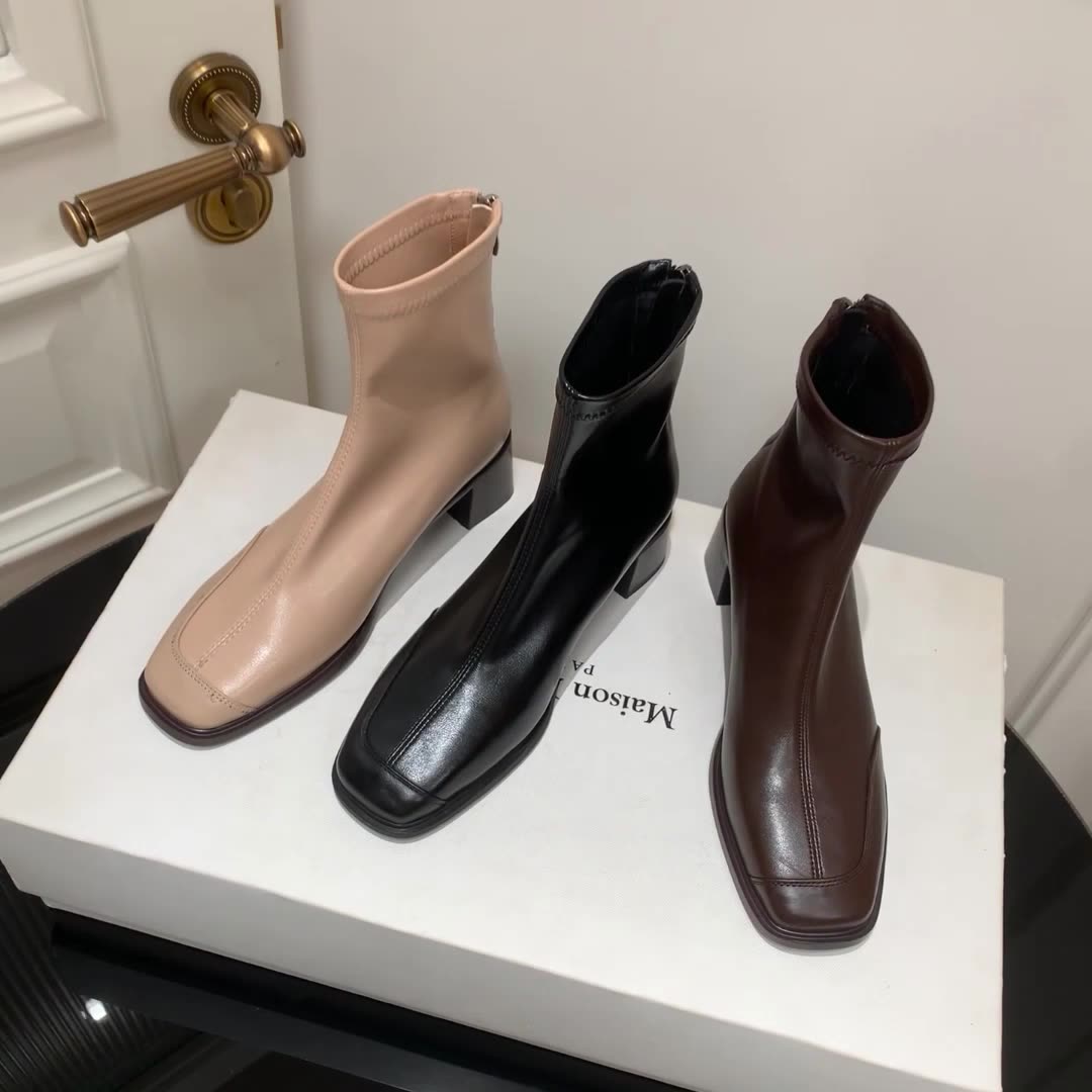 Leather Casual Square Toe Patchwork Chunky Zipper Mid-Calf Boots