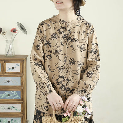Women Spring Vintage Printed Floral Ramie Blouse
