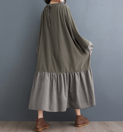 Green Ruffled Drawstring Lantern Sleeves Cotton Linen Dresses