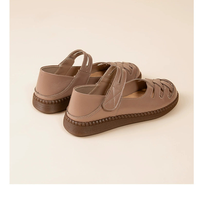 Leather Breathable Casual Closed Toe Woven Shallow Velcro Sandals