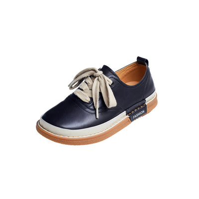 Women Genuine Leather Round Toe Lace-Up Flat Casual Shoes