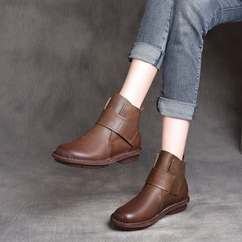 Women Minimalist Vintage Leather Velcro Soft Sole Short Boots