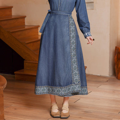 Autumn Denim Casual Loose Chinese Style Embroidered Skirt