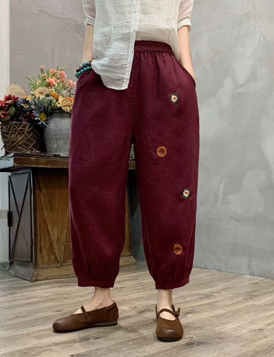 Summer Retro Linen Embroidered Elastic Waist Harem Pants