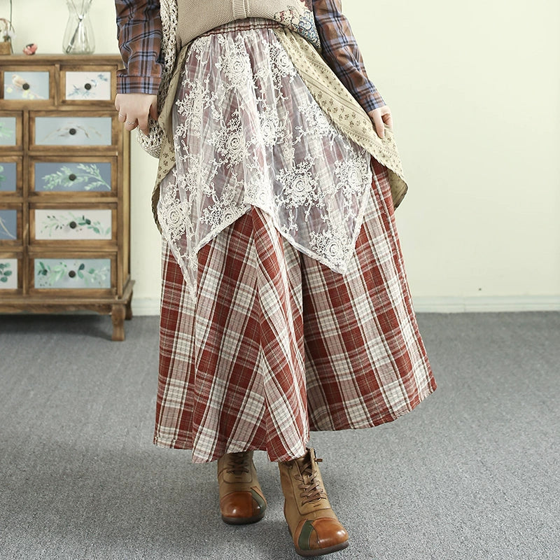Women Spring Artistic Lace and Plaid Cotton Fashion Skirt