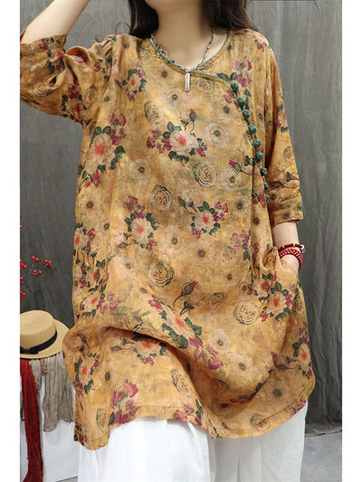 Women Yellow Stylish Retro Printed Mid-Length Ramie Blouse