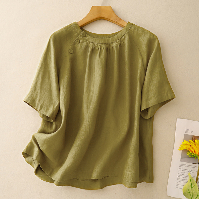 Women Retro Summer Linen Casual Round Neck Green T-shirt