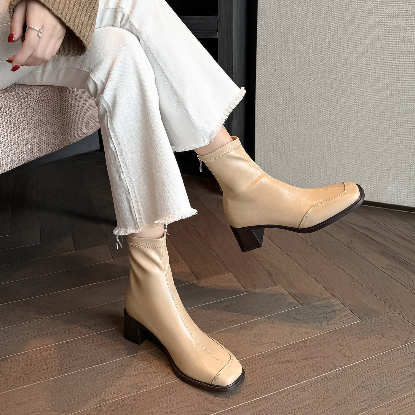 Leather Casual Square Toe Patchwork Chunky Zipper Mid-Calf Boots