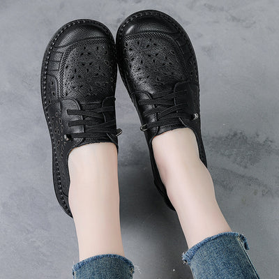 Women Summer Genuine Leather Ethnic Style Hollow Peep Toe Sandals