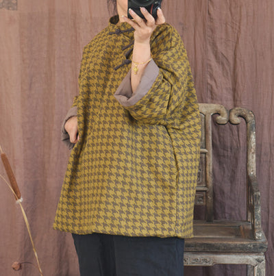 Women's Retro Houndstooth Quilted Warm Cotton Linen Coat