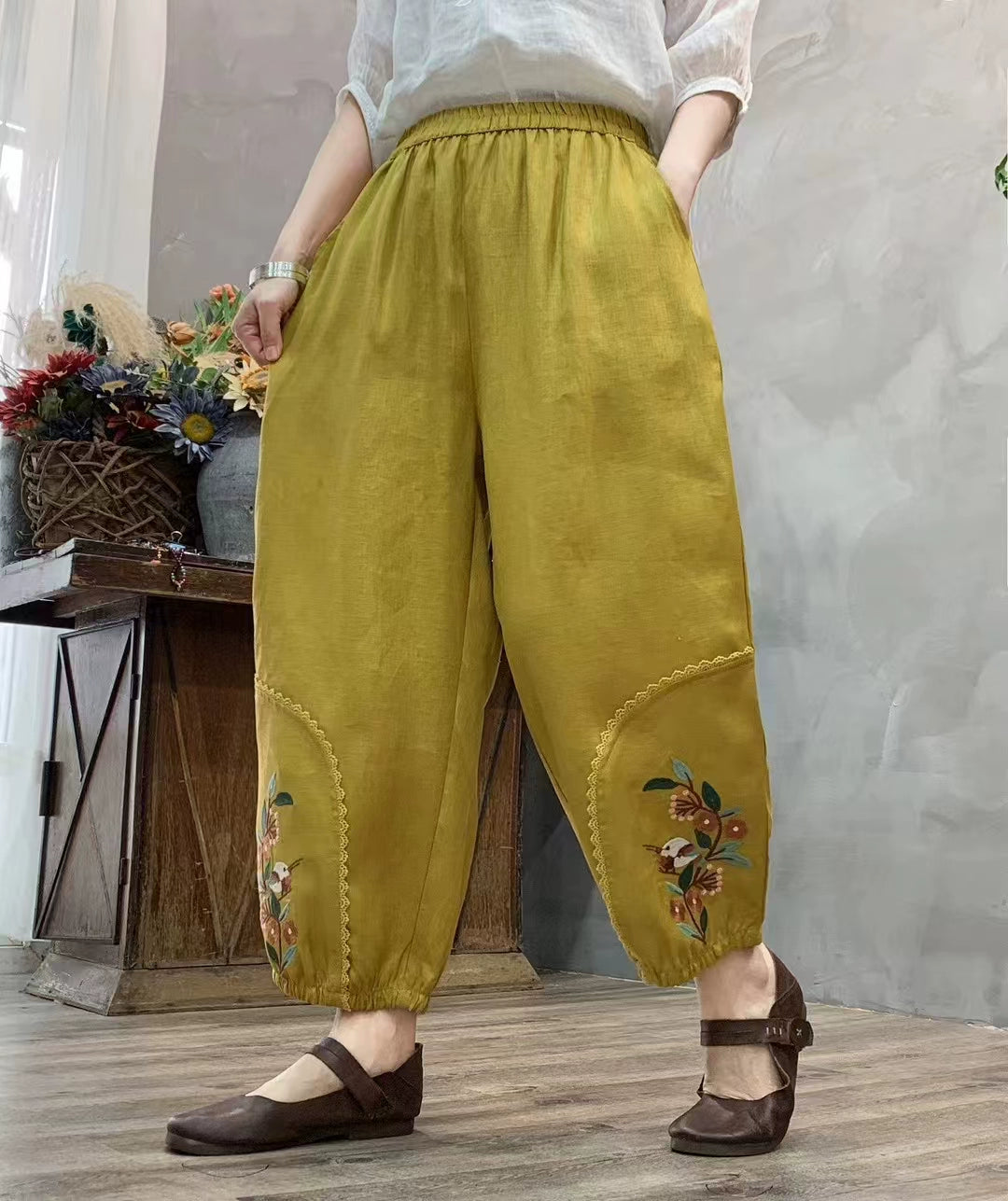 Autumn Linen Embroidered Patchwork Loose Casual Harem Pants