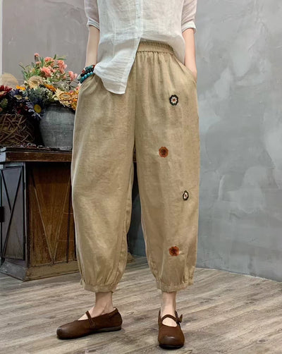Summer Retro Linen Embroidered Elastic Waist Harem Pants