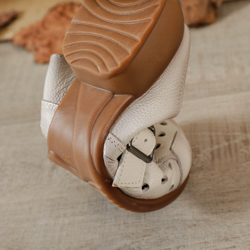 Women Summer Closed Toe Leather Hollow Mid Block Heel Slippers
