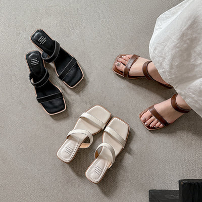 Women Elegant Leather Versatile One Strap Chunky Slippers
