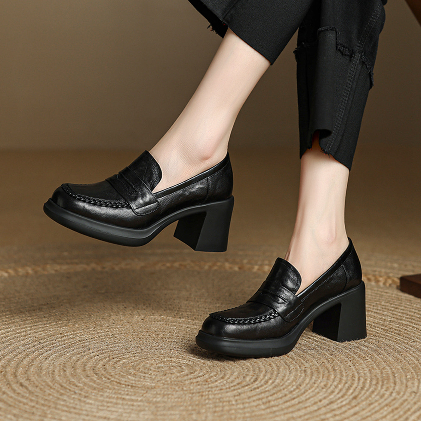 Vintage Fashionable Sheepskin Leather Chunky Platform Shoes