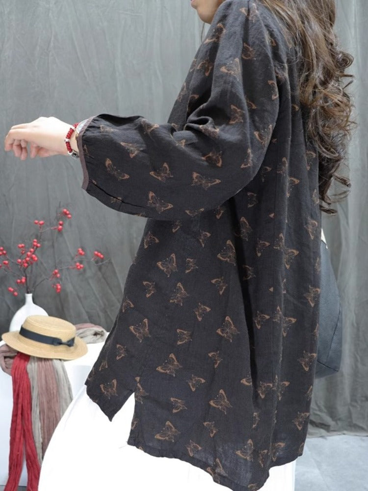 Women Spring Printed V-Neck Plus Size Loose Shirt