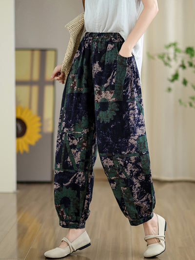 Women Retro Printed Elastic Waist Cotton Linen Harem Pants