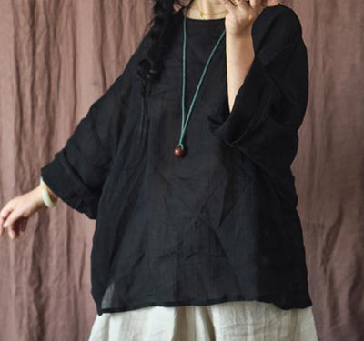 Women Retro Crinkled Long Sleeves Lightweight Ramie Blouse
