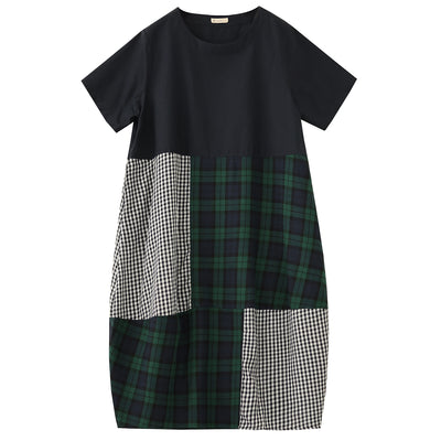 Loose Trendy Retro Short Sleeves Color Block Plaid Cotton Dresses