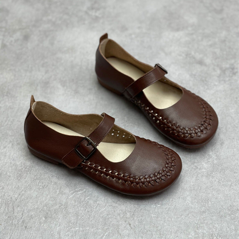 Women Casual Woven Breathable Soft Round Toe Flat Leather Sandals