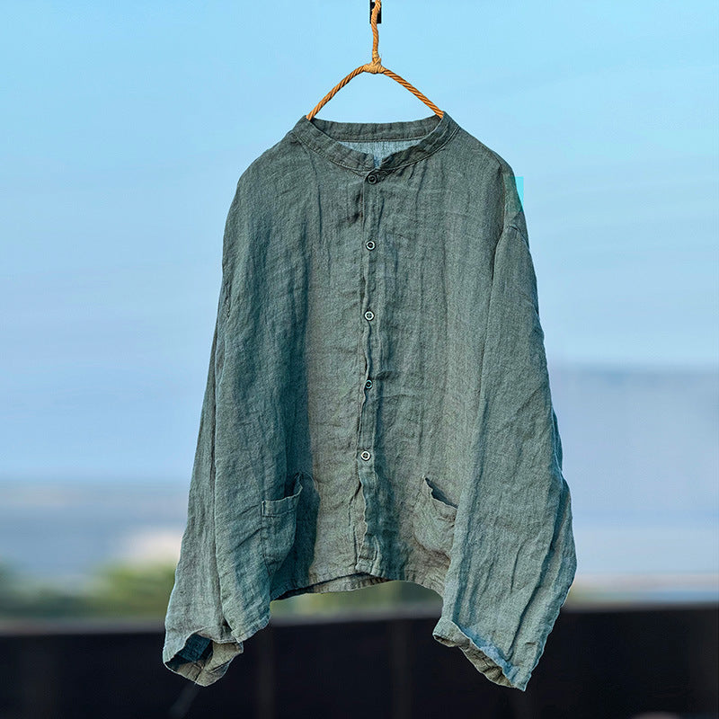 Women Autumn Linen Washed Stand Collar Loose Shirt