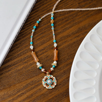 Women Vintage Natural Stone Agate 18K Gold Necklace