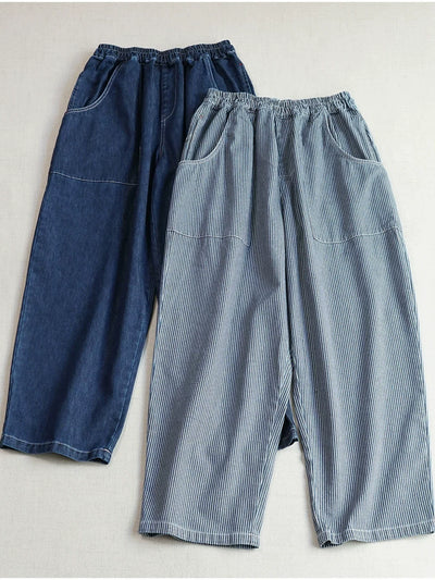 Autumn Retro Denim Casual Elastic Wasit Pockets Jeans