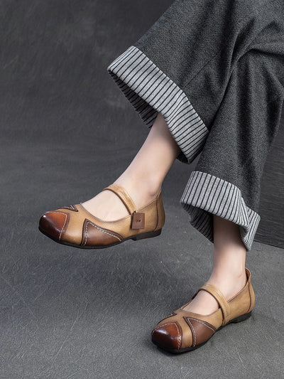 Top Genuine Leather Retro Color Block Soft Sole Flats Shoes