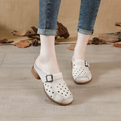 Women Summer Closed Toe Leather Hollow Mid Block Heel Slippers
