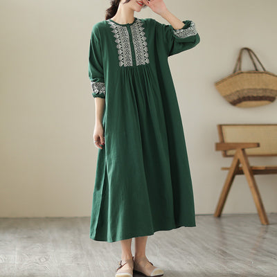 Loose Round Neck Embroidered Long Sleeves Midi Dresses