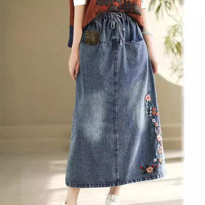 Retro Flowers Embroidered Lace-Up A-Line Midi Denim Skirt