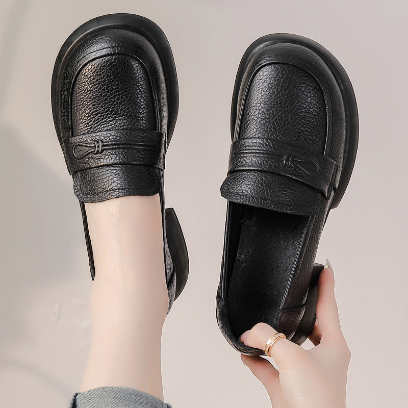 Women Retro Genuine Leather Mid Heel Thick Sole Platform Loafers