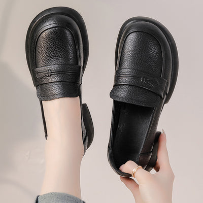Women Retro Genuine Leather Mid Heel Thick Sole Platform Loafers