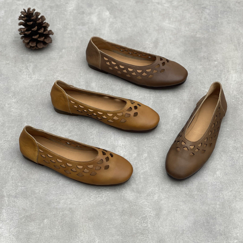 Retro Leather Comfortable Cut Out Slip-On Flat Shoes