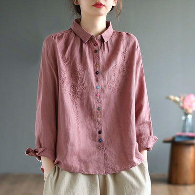 Loose Embroidered Colorful Button Linen Shirts for Women