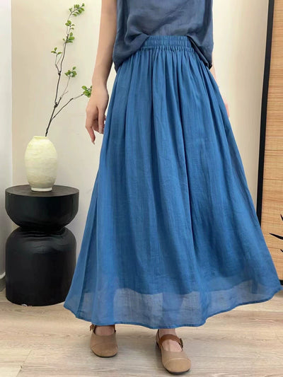 Summer Retro Ramie Elastic Waist Loose Solid Color Skirt