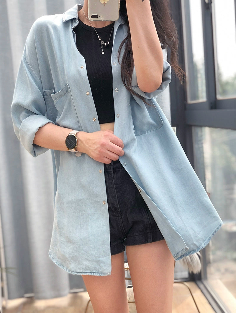 Women Autumn Retro Denim Soft Versatile Loose Shirt