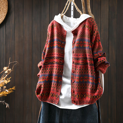 Women Spring Retro Cotton Knit Printed Casual Loose Cardigan