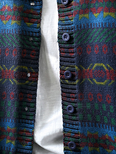 Women Spring Retro Cotton Knit Printed Casual Loose Cardigan