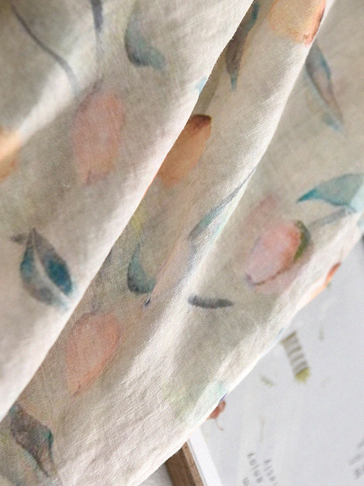 Women Long Sleeves Printed Loose Retro Cotton Ramie Shirt