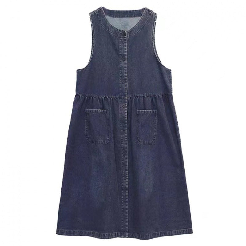 Casual Fashion Ruched Pockets Sleeveless Denim Midi Dresses