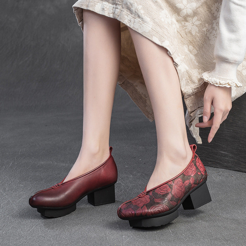 Ladies Vintage Floral Embossed Leather Block Heel Shoes