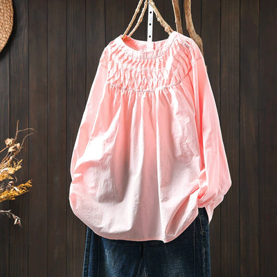 Women Spring Retro Pure Cotton Solid Color Long Sleeve Shirt
