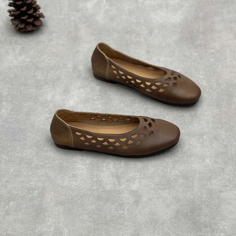 Retro Leather Comfortable Cut Out Slip-On Flat Shoes