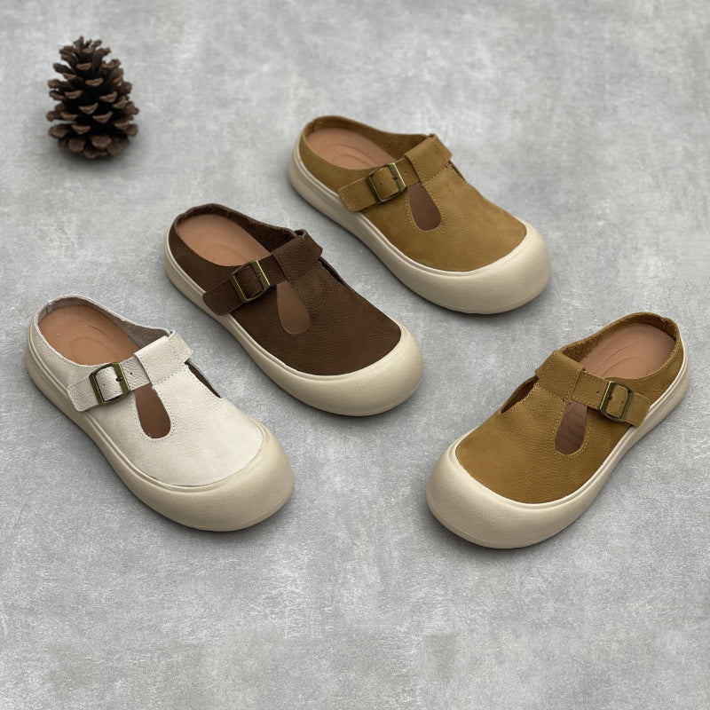 Retro Buckled Comfortable Soft Sole Genuine Leather Slippers